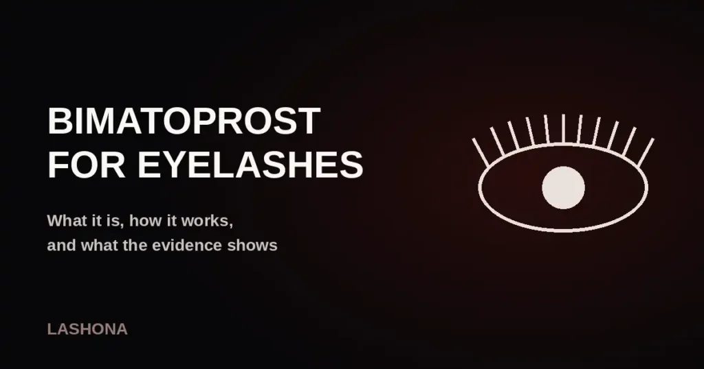 Stylized eye with eyelashes beside the title Bimatoprost for Eyelashes on a dark background