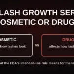 Title Eyelash Growth Serum: Cosmetic or Drug? above two boxes labeled cosmetic and drug on a dark background