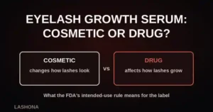 Title Eyelash Growth Serum: Cosmetic or Drug? above two boxes labeled cosmetic and drug on a dark background