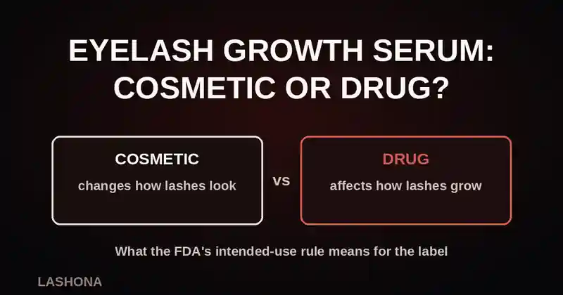 Title Eyelash Growth Serum: Cosmetic or Drug? above two boxes labeled cosmetic and drug on a dark background