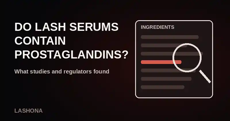 Ingredient label with one highlighted line under a magnifying glass beside the title Do Lash Serums Contain Prostaglandins on a dark background