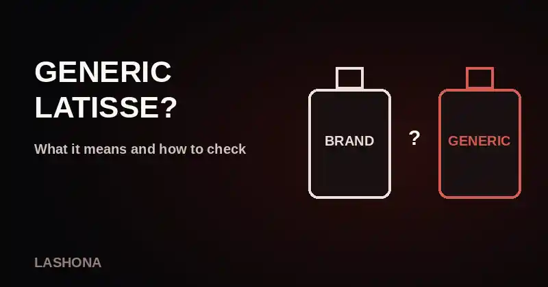 Two outlined bottles labeled brand and generic with a question mark between them beside the title Generic Latisse on a dark background