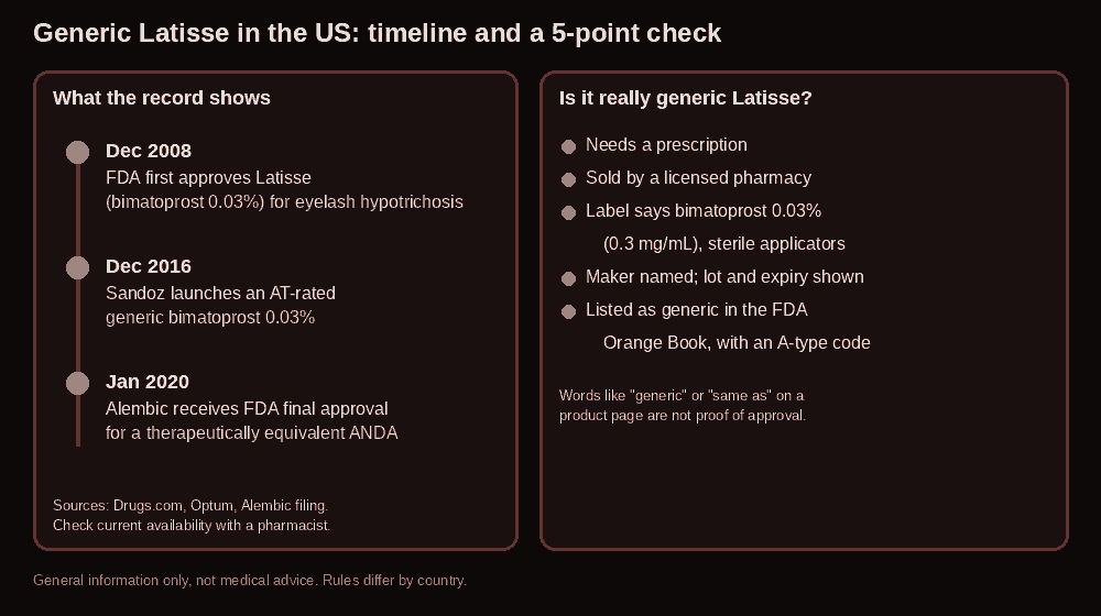 Infographic with a timeline of Latisse approval in December 2008, a generic launch in December 2016 and a further generic approval in January 2020, beside a five-point checklist for verifying a generic bimatoprost eyelash product